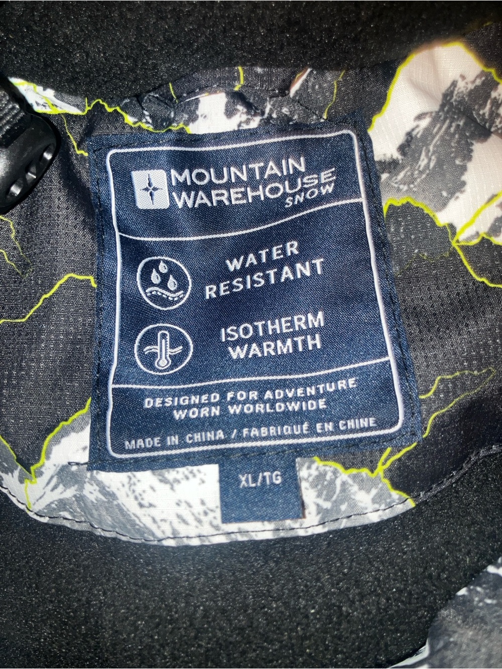 Mountain Warehouse ski jacket , XL , black with mountain graphics, hoodie ,W.R
